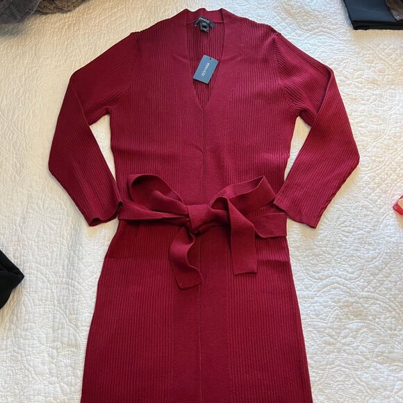 RW&Co Red Knit Tie Waist Bodycon V-Neck Longsleeve Dress - Picture 1 of 8